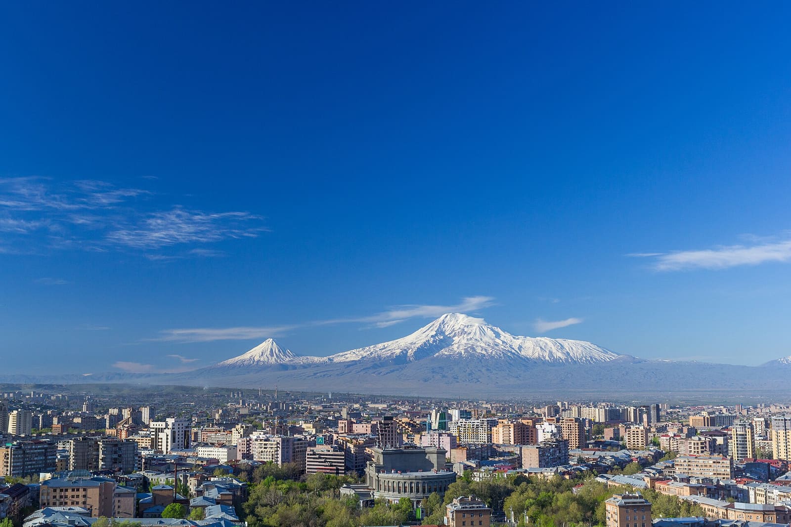Mount Ararat above the Yerevan skyline in spring